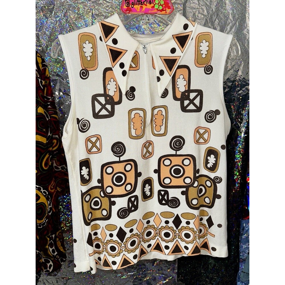 True Vintage Mid-century 1960s 70s Mod Sleeveless Poly Brown Geometric Top M